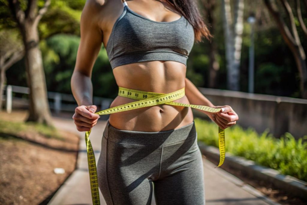 mulher ao ar livre, usando roupas de ginástica, segurando uma fita métrica ao redor do abdômen querendo saber como afinar a cintura.