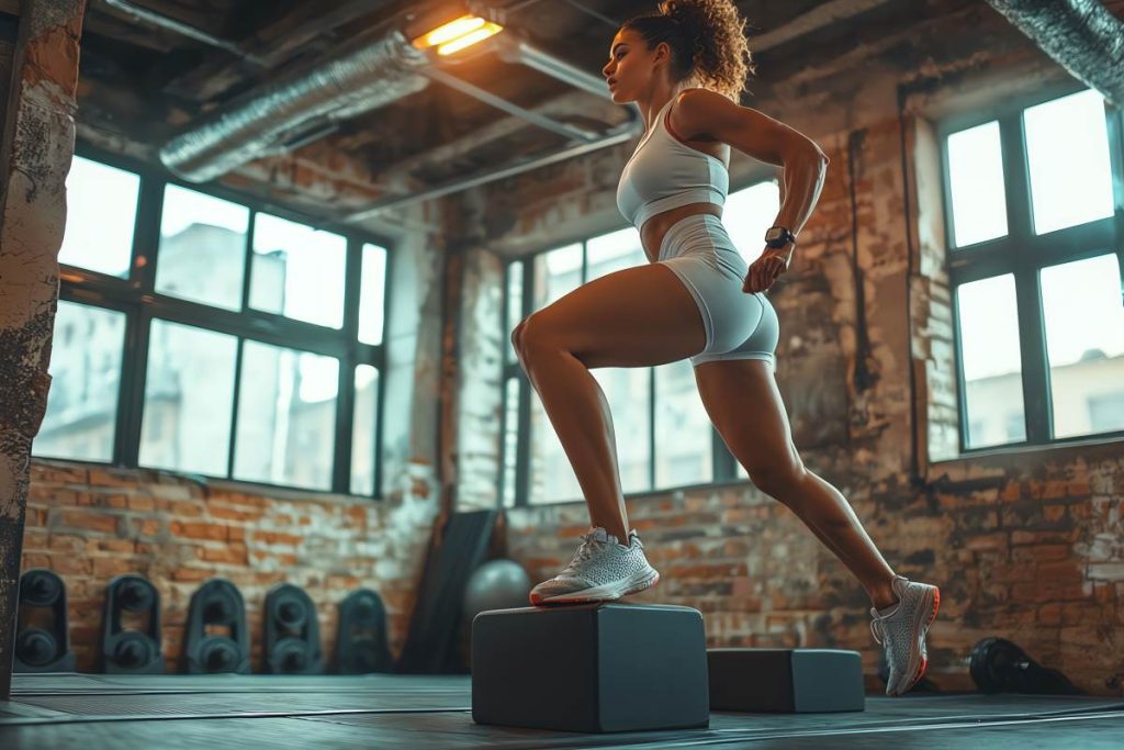 mulher em um ambiente de academia, realizando um exercício que pode ajudar a afinar a cintura.