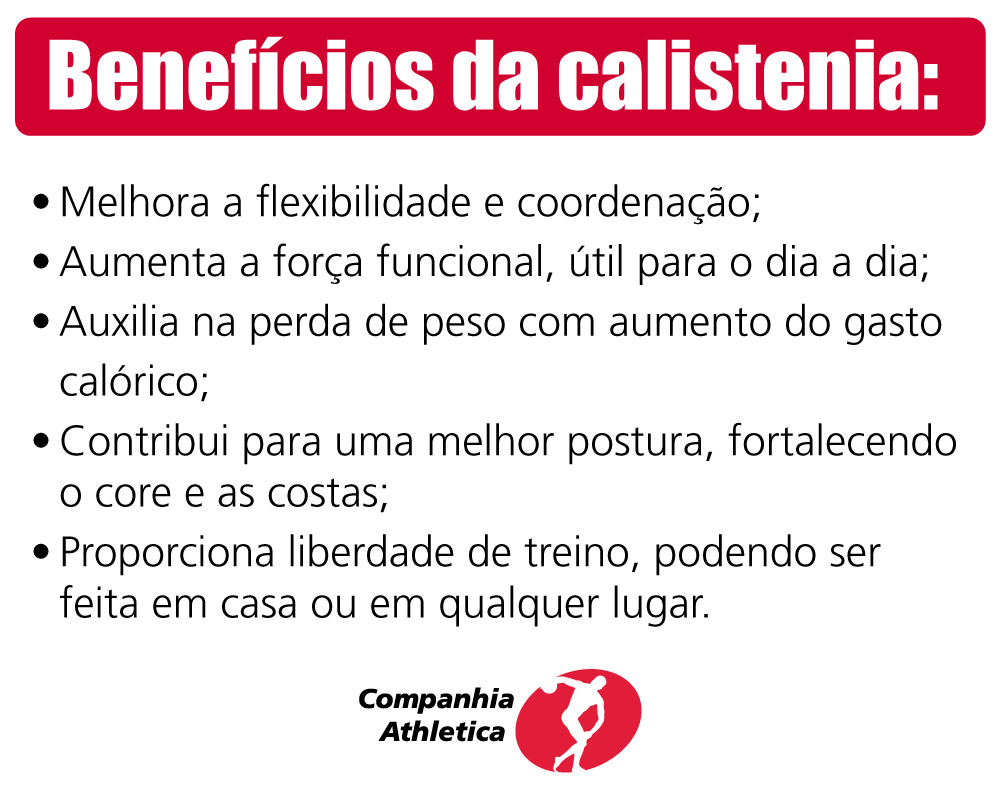 Os benefícios da calistenia vão muito além da estética e impactam vários aspectos da saúde e bem-estar.

Melhora a flexibilidade e coordenação;

Aumenta a força funcional, útil para o dia a dia;

Auxilia na perda de peso com aumento do gasto calórico;

Contribui para uma melhor postura, fortalecendo o core e as costas;

Proporciona liberdade de treino, podendo ser feita em casa ou em qualquer lugar.