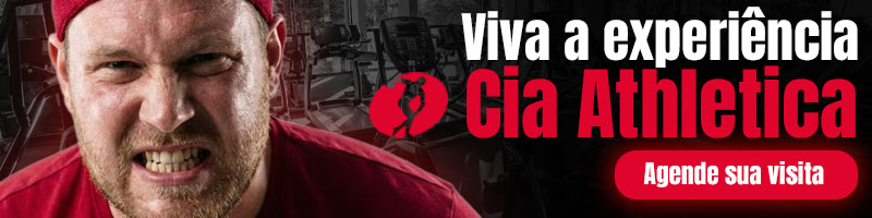 Banner da Cia Athletica SJC com homem em expressão de esforço durante o treino e chamada para agendar uma visita à academia.