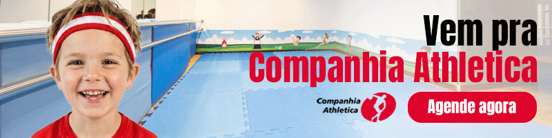 Banner da Companhia Athletica com criança sorridente em ambiente infantil de atividades físicas, chamada “Vem pra Companhia Athletica” e botão “Agende agora”.